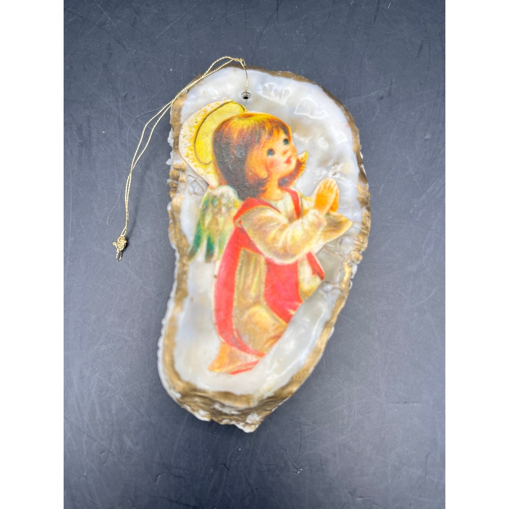 Vintage Oyster Shell Angel Ornament Christmas Holiday Decor 4" x 2"